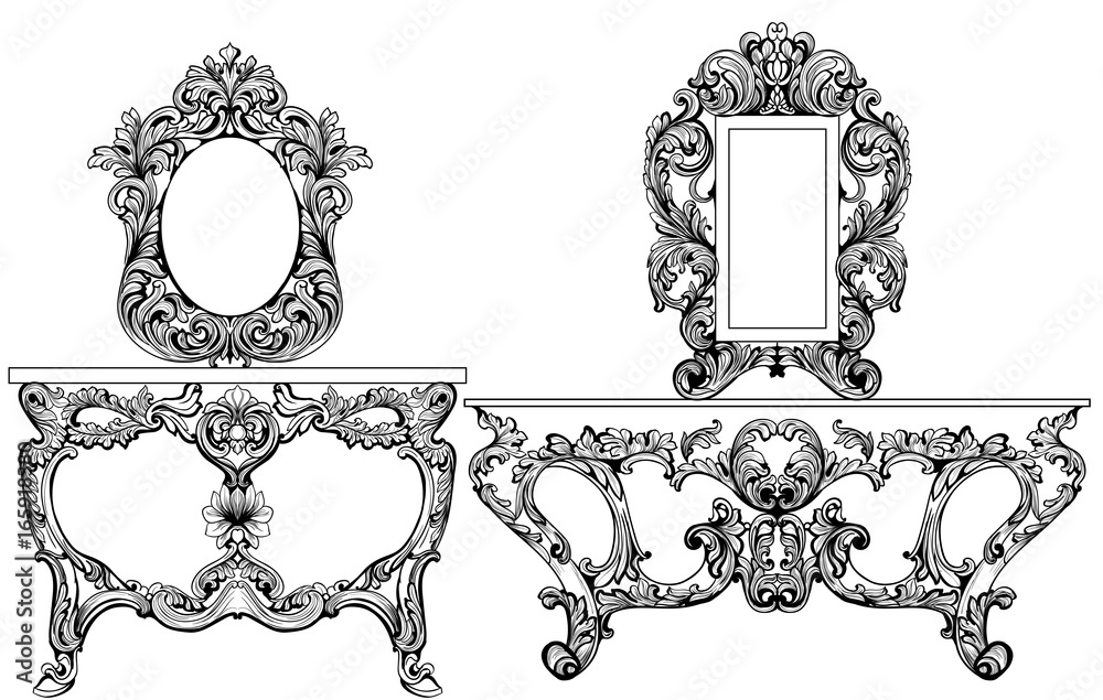 Naklejka premium Exquisite Baroque dressing table engraved. Vector French Luxury rich intricate ornamented structure. Victorian Royal Style decor