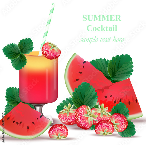 Watermelon and Strawberry smoothie delicious Vector green leaf