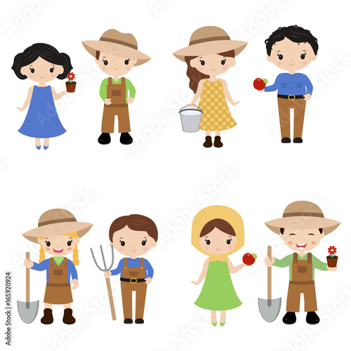 Set of farmer girls and boys