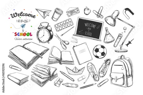 Welcome back to school collection. Vector hand drawn elements. School supplies. Books, notebook, copybook, backpack, lamp, alarm clock, football, snickers, chalkboard, pencil, marker, eraser etc.