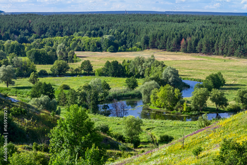Naklejka premium Summertime landscape - river valley of the Siverskyi (Seversky) Donets, the winding river over the meadows between hills and forests, border region of Ukraine near to Russia