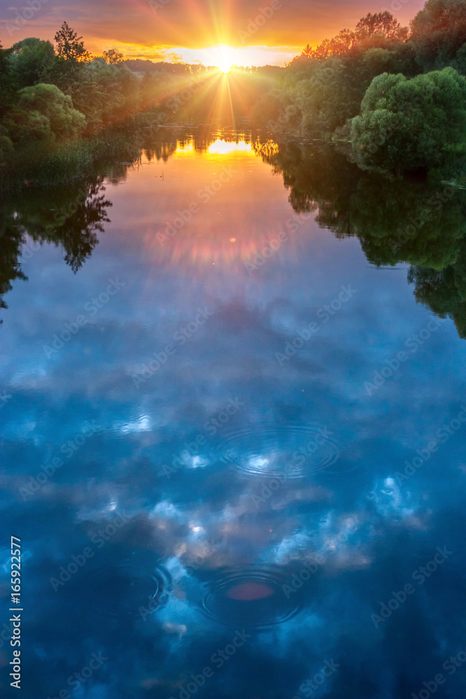 Magic summer sunset over the river called Siverskyi Donets in Ukraine