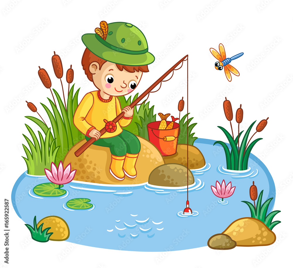 The boy sits on a rock and catches fish in a pond. Vector illustration of a  cartoon style with nature. Stock Vector | Adobe Stock