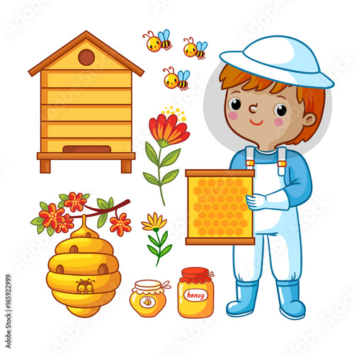 Beekeeping honey vector set with beekeeper. Vector set with bee apiary and boy.