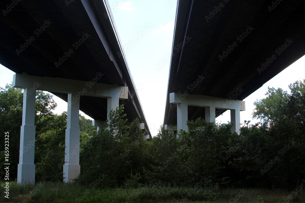 A view from underneath the highway bridge.