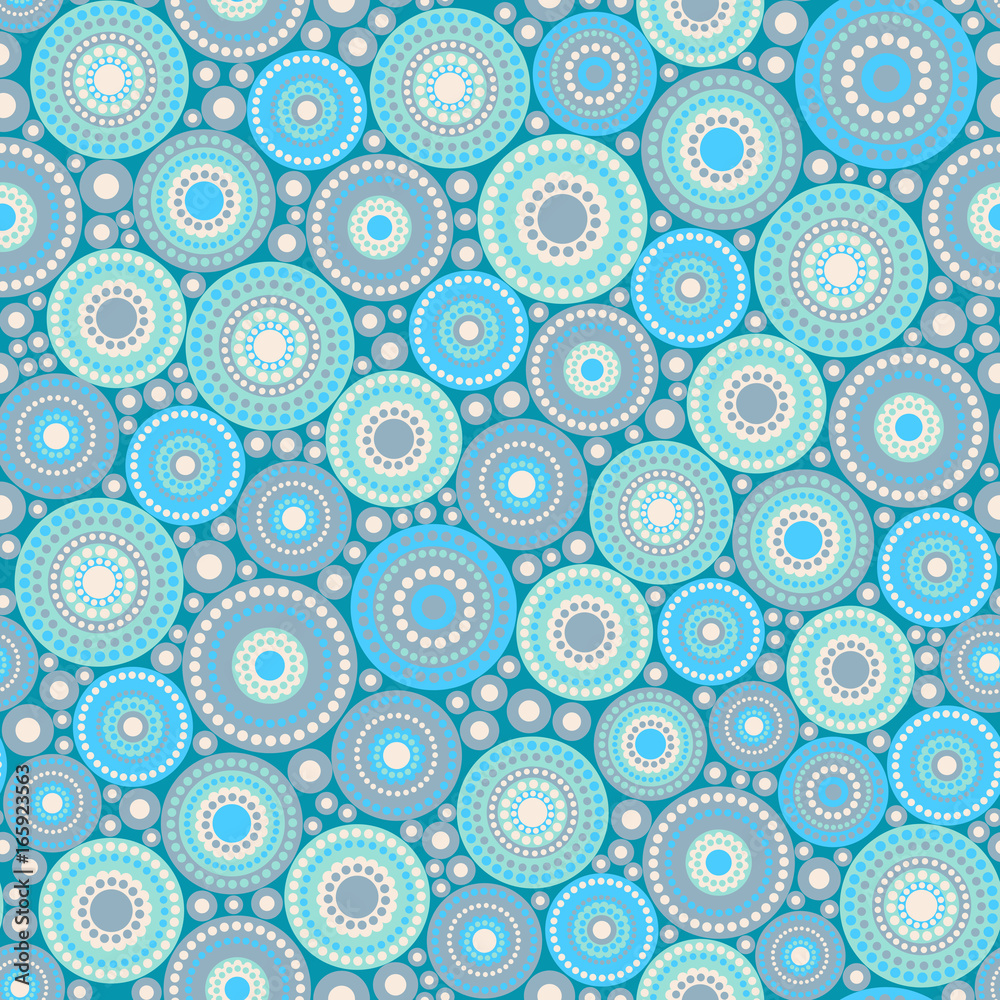 Seamless pattern made of circles and dots painted in blue colors. Objects grouped and named in English. No mesh, gradient, transparency used.