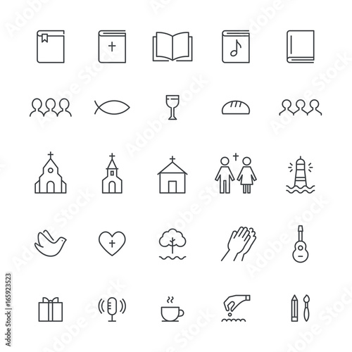 Church and Christian Community Flat Outline Icons. Vector Set