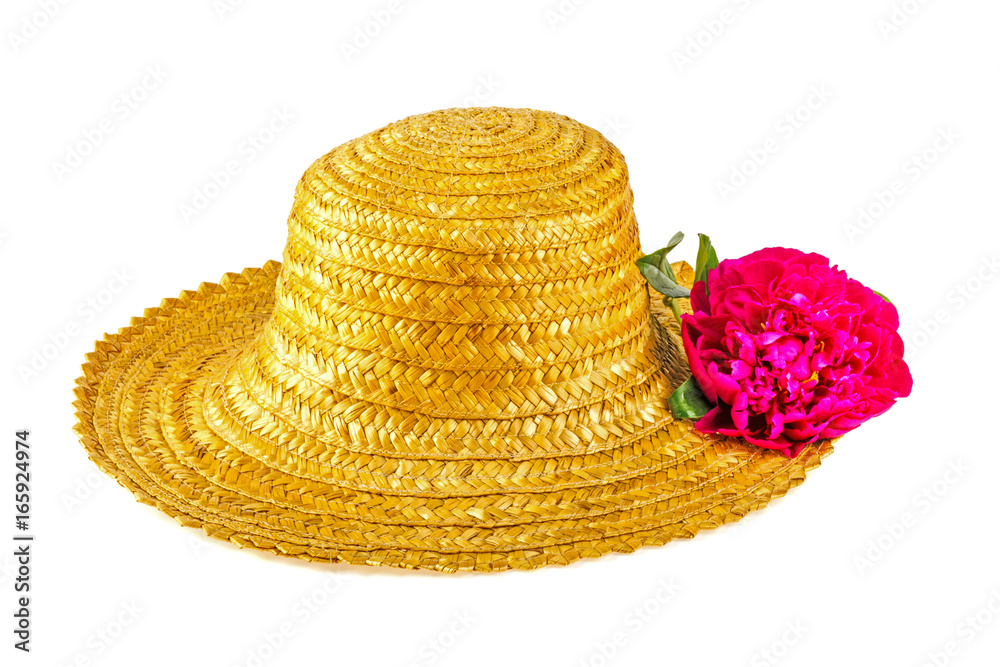 Straw hat and peony on a white background Straw hat and peony on a white background