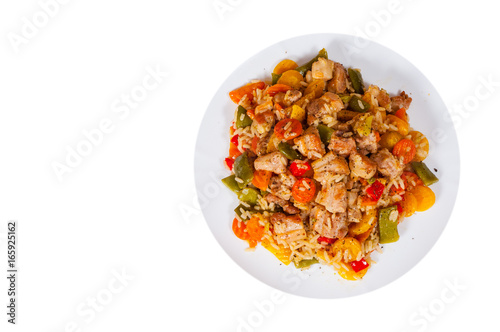 Rice with Vegetables and Meat in a plate. top view. isolated on white