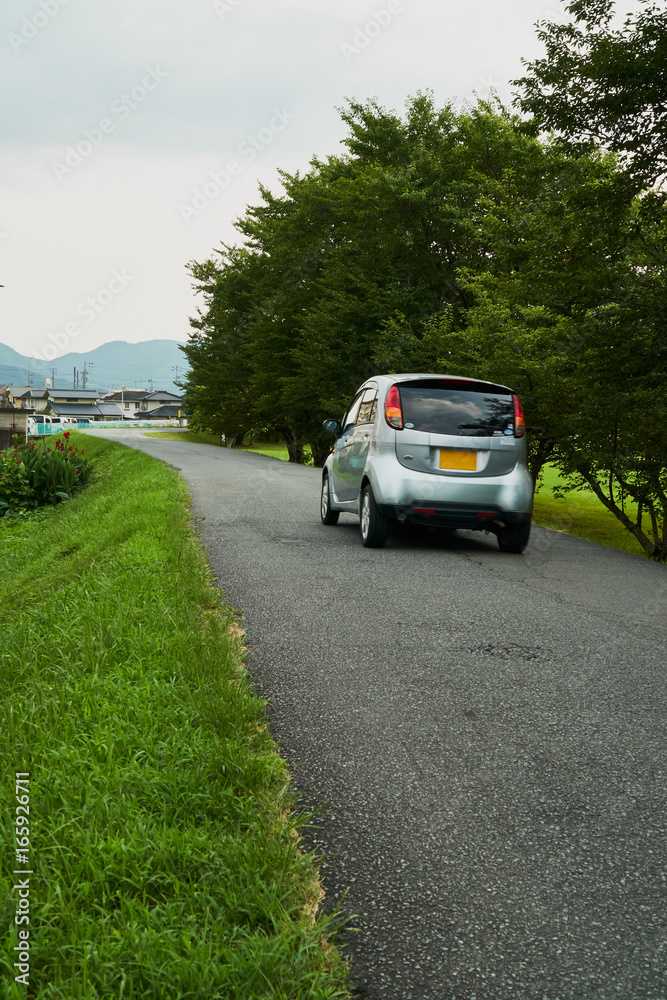 A car running the road, on the right side of the road surrounding with Sakura tree A car running the road, on the right side of the road surrounding with Sakura tree