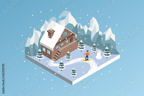 Ski resort winter hotel isometric vector illustration / Mountain House