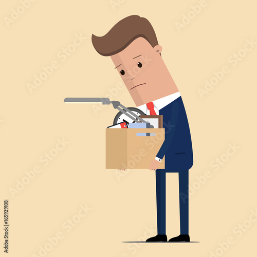 Sad unhappy businessman character fired from job. Vector illustration