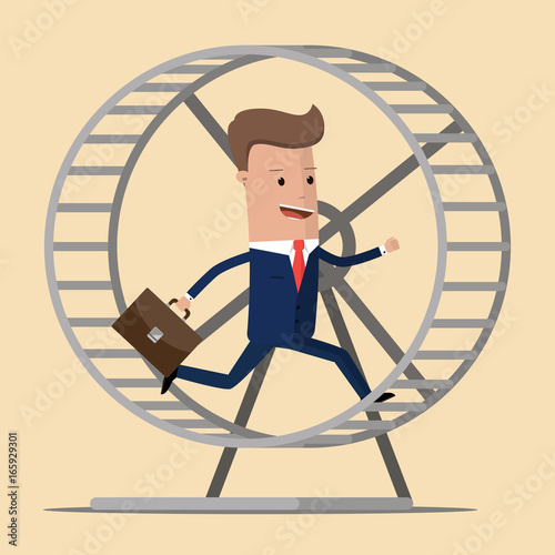 Businessman running in a hamster wheel. Vector illustration