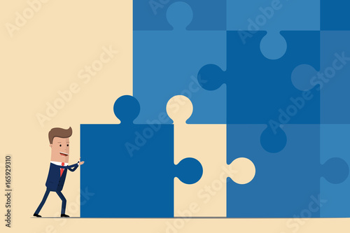 Businessman pushing the final piece of puzzle. Business concept. Vector illustration