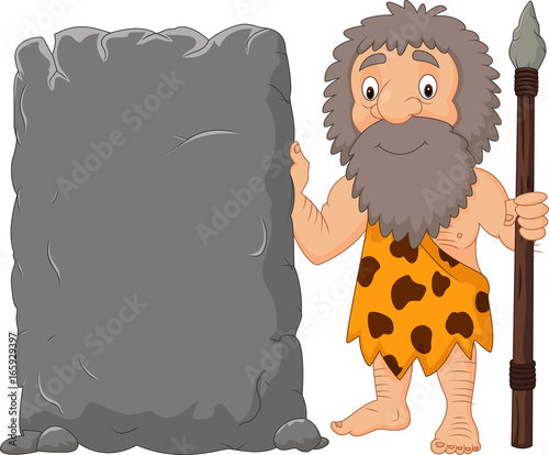 Cartoon caveman holding stone sign