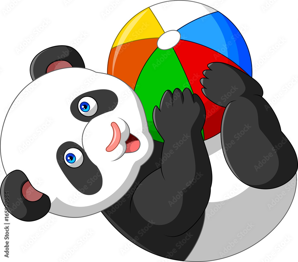 Fototapeta premium Cartoon baby panda playing with colorful ball