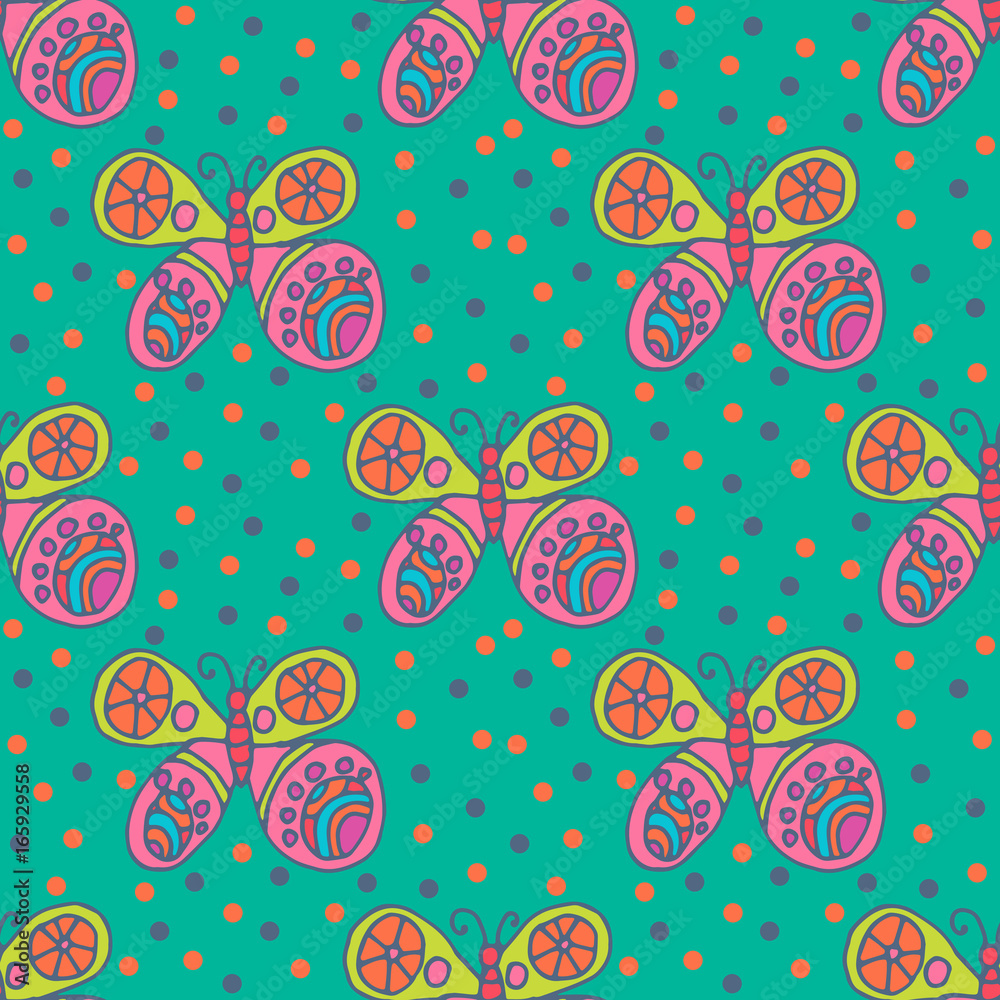 Repeating pattern with hand-drawn colorful butterflies and small circles around in children's style on green. Seamless festive abstract background, infinity wrapping paper. Vector illustration. Repeating pattern with hand-drawn colorful butterflies and small circles around in children's style on green. Seamless festive abstract background, infinity wrapping paper. Vector illustration.