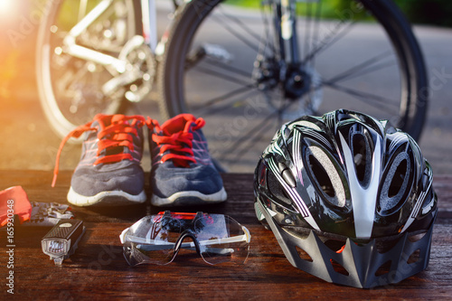 set bicycle equipment on a top wood