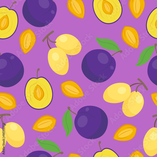 Floral seamless pattern with plums nature fruit harvest vegetarian vitamin sweet berry background. Vector illustration