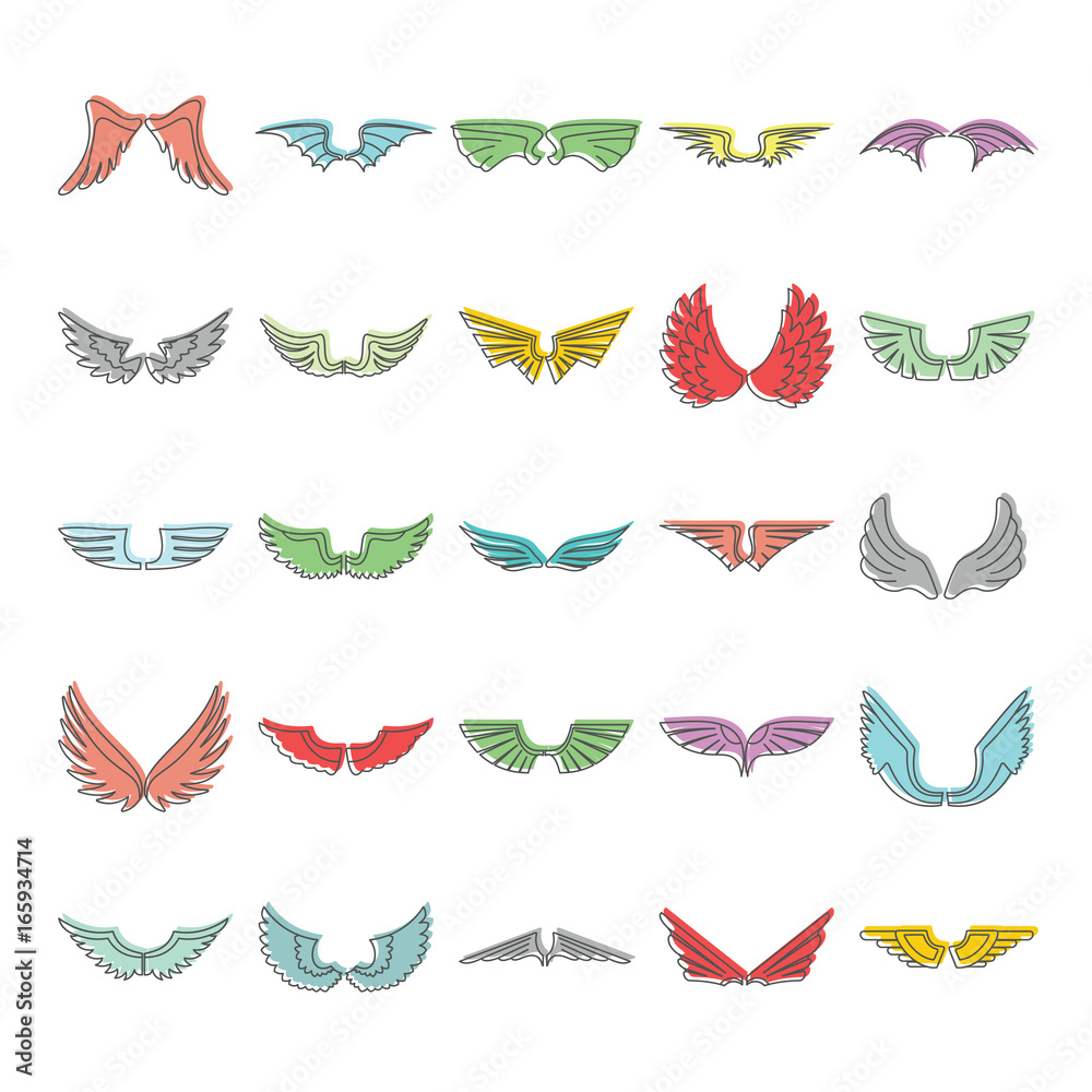 Doodle wing icons set. Wings vector illustration for design and web isolated on white background. Doodle wing vector object for labels, logos and advertising Doodle wing icons set. Wings vector illustration for design and web isolated on white background. Doodle wing vector object for labels, logos and advertising