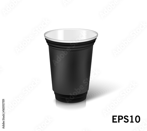 one empty disposable plastic cup for party.  Vector illustration black color dishes
