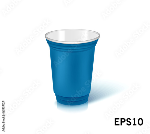 one empty disposable plastic cup for party.  Vector illustration blue color dishes
