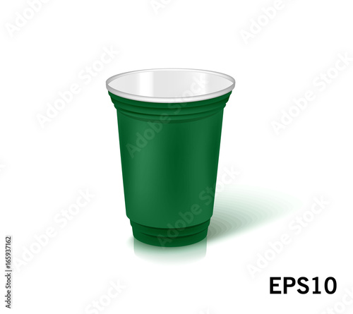 one empty disposable plastic cup for party.  Vector illustration green color dishes
