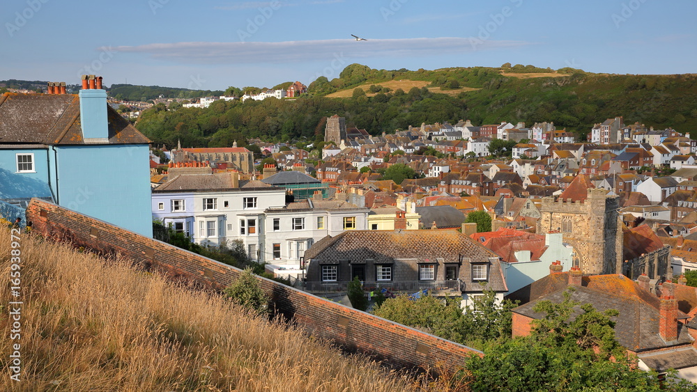 General view of Hastings old town from West Hill with East hills in the background, Hastings, UK