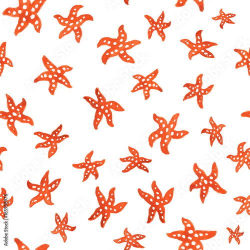 Sea watercolor seamless pattern with red sea stars. Red sea pattern seamless background in watercolor. Seamless pattern with image of red sea stars isolated on white background. Ocean, water, sea.
