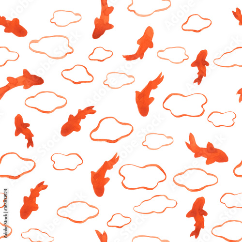 Sea watercolor seamless pattern with the image of red fishes. Red watercolor seamless pattern with small red fishes and jellyfishes isolated on white background. Ocean, water, sea.