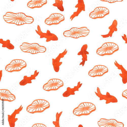 Sea watercolor seamless pattern with the image of red fishes. Red watercolor seamless pattern with small red fishes and jellyfishes isolated on white background. Ocean, water, sea.