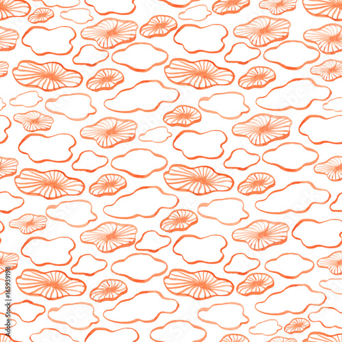Sea watercolor seamless pattern with the image of medusa and abstract water lilies. Red sea pattern seamless background in watercolor. Seamless pattern with sea jellyfishes. Ocean, water, sea.