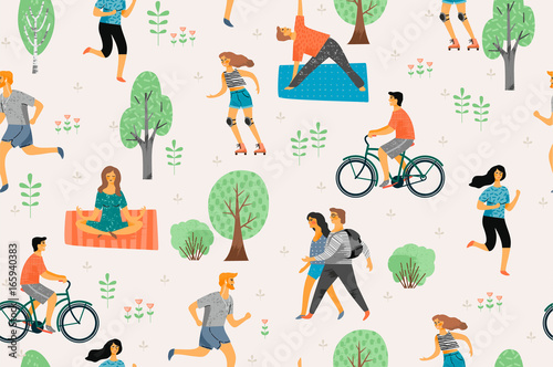 Vector seamless pattern with active young people.