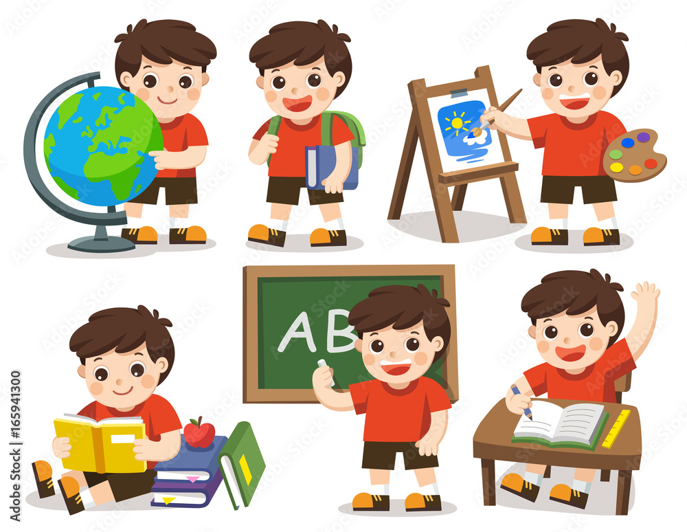 Back to school. A cute student study in school , drawing a picture, reading books. Isolated vector. Back to school. A cute student study in school , drawing a picture, reading books. Isolated vector.