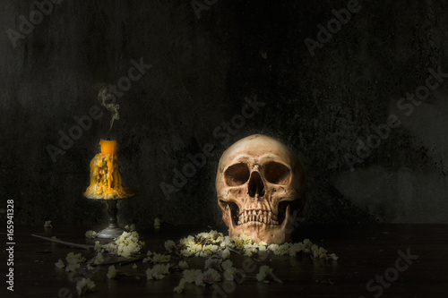 Skill Life Human Skull with candle Still Life Style