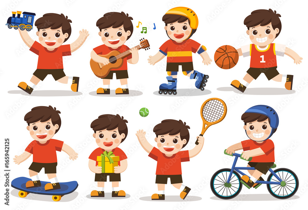 activity set of a kid: A cute boy playing with toys. Playing sport including basketball, athletic, tennis, bicycle, skate rolling. Playing guitar and singing happily. Holding present. Isolated vector. activity set of a kid: A cute boy playing with toys. Playing sport including basketball, athletic, tennis, bicycle, skate rolling. Playing guitar and singing happily. Holding present. Isolated vector.