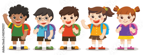 Back to school,Cute kids go to school , Set of diverse Kids and Different nationalities, isolated on white background. Isolated vector
