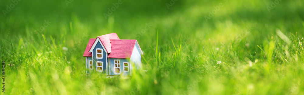 wooden house model on the grass in garden wooden house model on the grass in garden