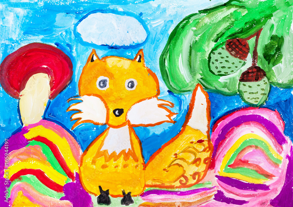 Children's drawing. Fox with mushrooms and acorns