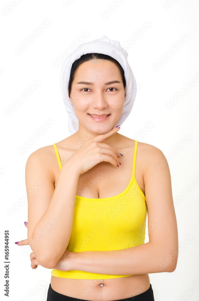 beautiful asian woman with smile on white background, beauty woman and spa concept. beautiful asian woman with smile on white background, beauty woman and spa concept.