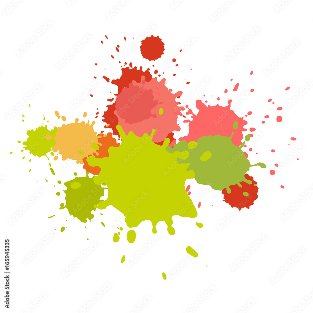 Watercolor splashes. Paint vector splat. .Stains grunge texture. Isolated on white background. Pink and green colors
