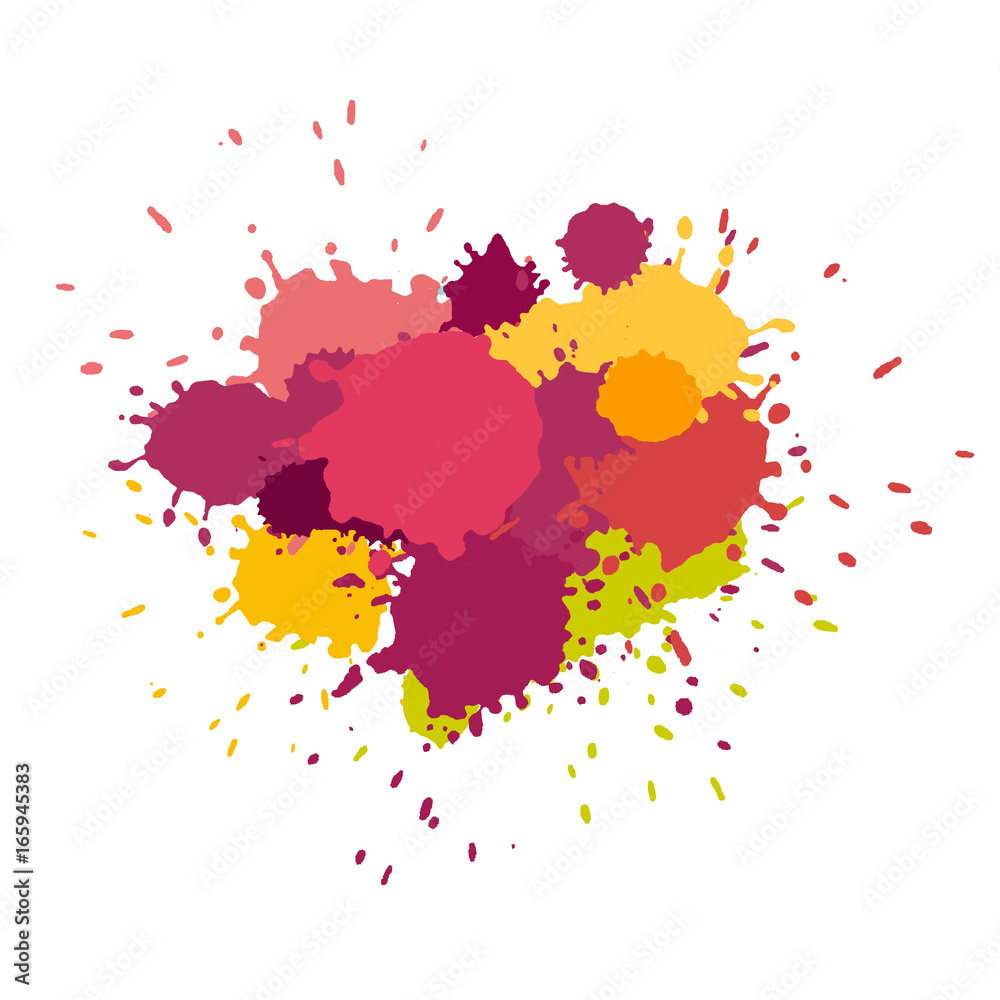 Watercolor splashes. Paint vector splat. .Stains grunge texture. Isolated on white background. Pink, purple, and yellow colors