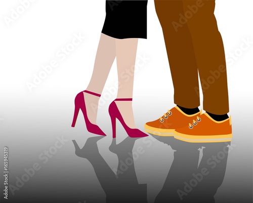 Scarpa donna rossa con tacco alto e scarpa maschile sportiva. Illustrazione Vettoriale