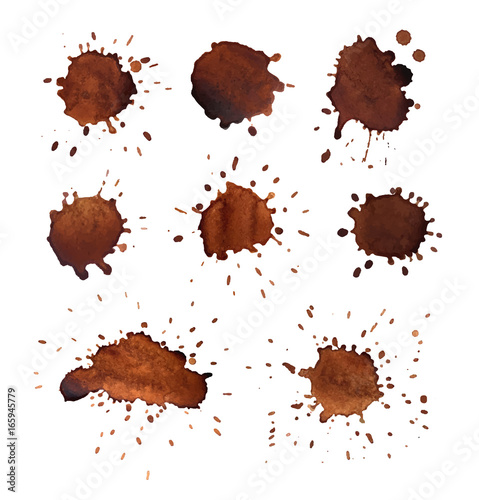 Coffee stains vector set. Brown color grunge texture coffee blots collection. Isolated on white background