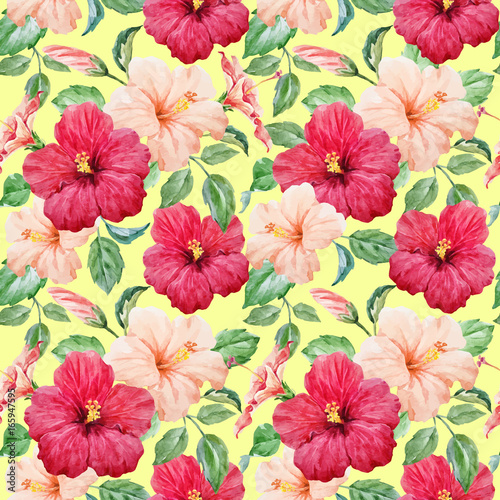Watercolor tropical hibiscus vector pattern