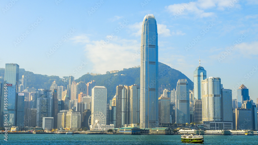 HONG KONG, HONG KONG - DECEMBER 10: sea front view with luxurious buildings in Hong Kong on  December 10, 2016
