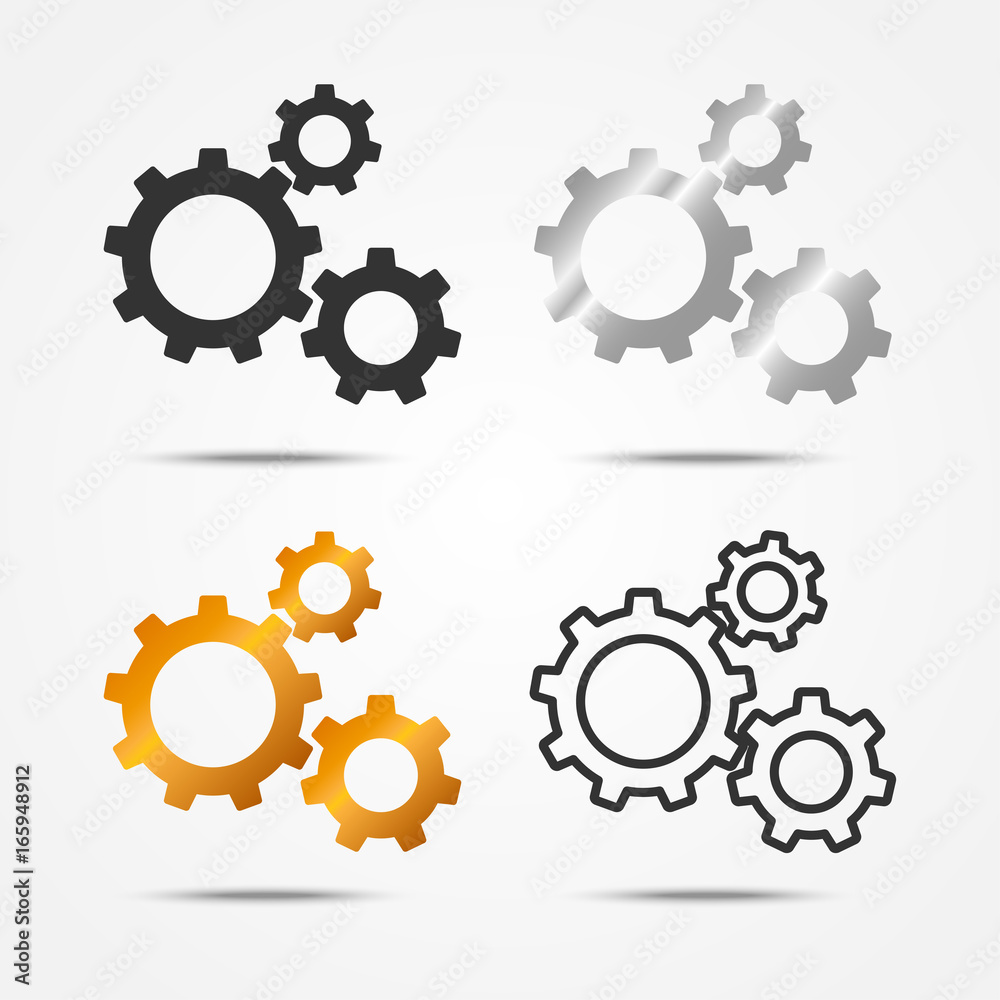 Set of black, gray, silver and gold 3 gears or cogs sign simple icon with shadow on white background, wheel concept. Vector illustration Set of black, gray, silver and gold 3 gears or cogs sign simple icon with shadow on white background, wheel concept. Vector illustration