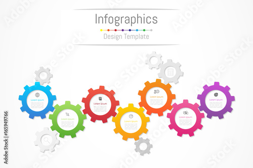 Infographic design elements for your business data with 7 options, parts, steps, timelines or processes. Gear wheel concept, Vector Illustration.