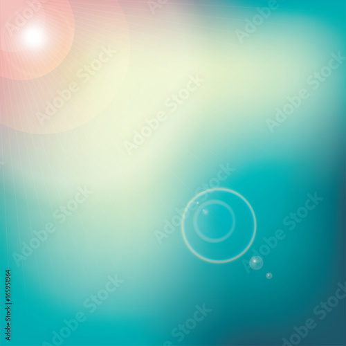 Flashes of light against a teal blue sky background. Square soft colored pastel backdrop with rays of light in vector format