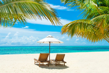 Crédence de cuisine Plage tropicale Plage des Maldives transats et parasols  © Myroslava